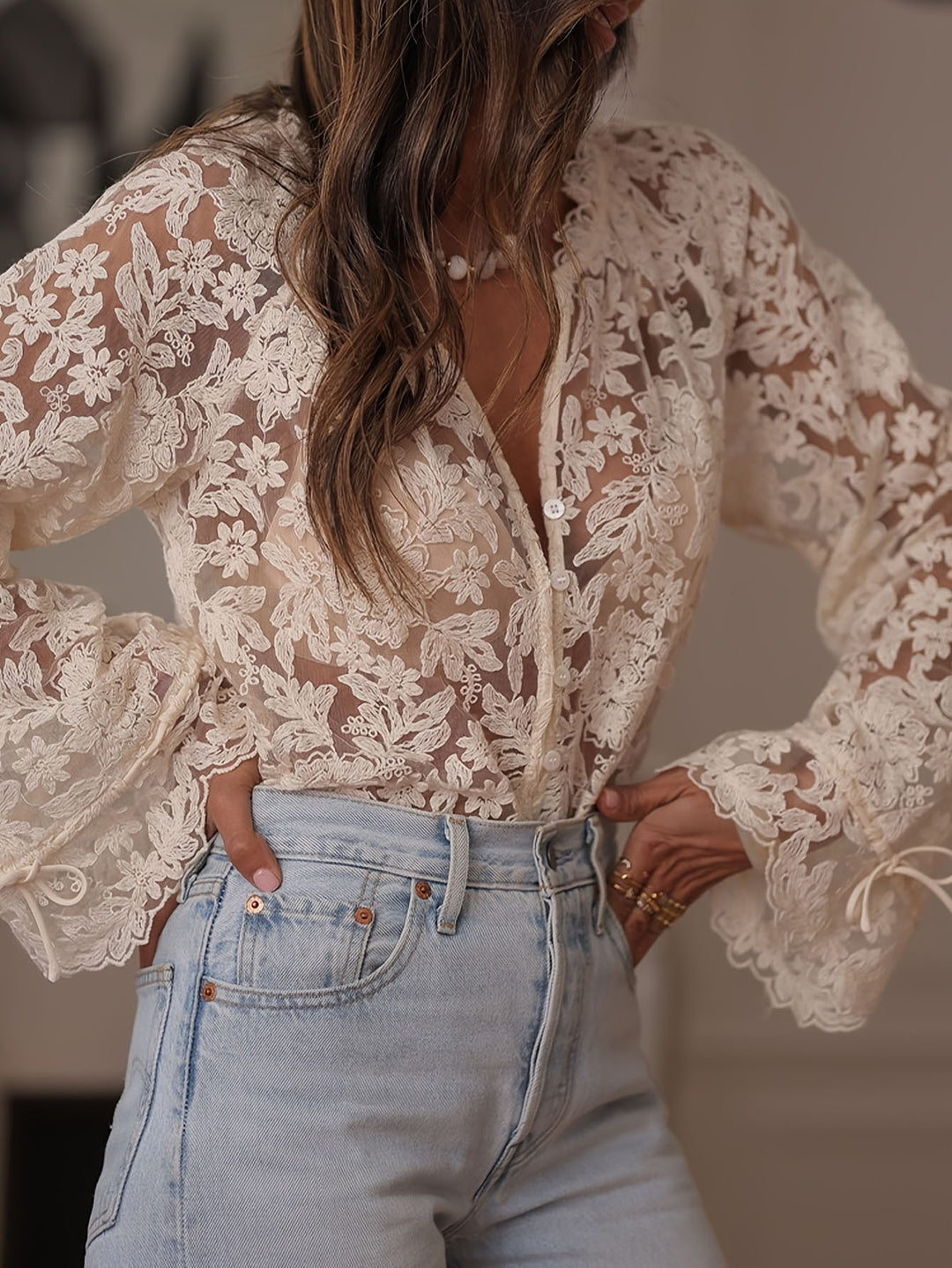 Women's transparent blouse with floral embroidery and wide sleeves Lisslune