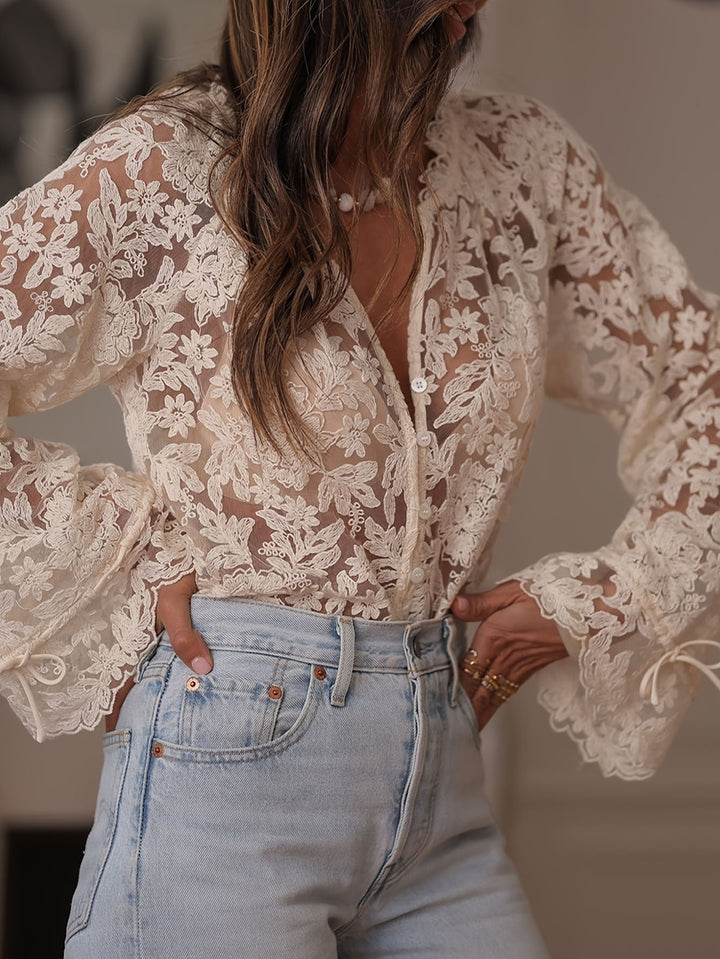 Women's transparent blouse with floral embroidery and wide sleeves Lisslune