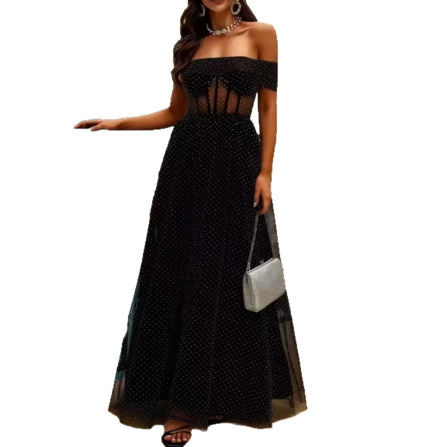 Women's Elegant Off-Shoulder Maxi Dress with Sheer Inserts and Polka Dot Pattern Lisslune