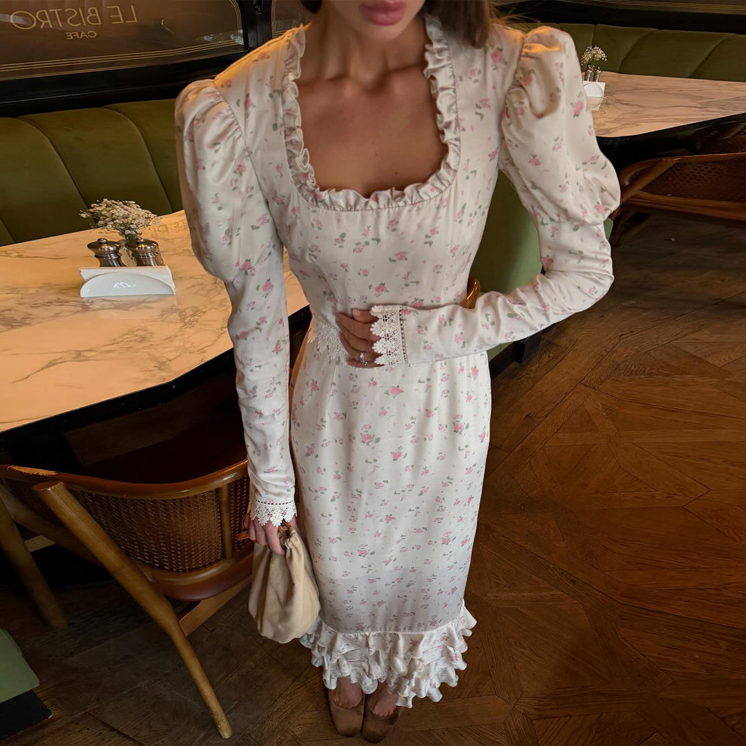 Women's Elegant Maxi Dress with Delicate Ruffle Sleeves and Floral Pattern Lisslune