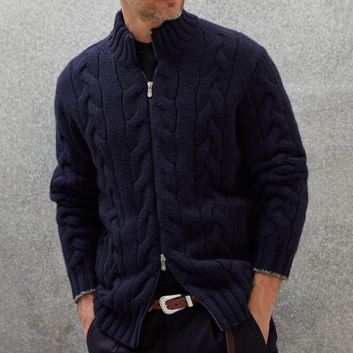 Men's cardigan with decorative cable design and high stand-up collar Lisslune