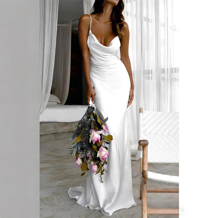 Ladies Elegant Satin Wedding Dress with Deep V-Neck and Thin Spaghetti Straps
