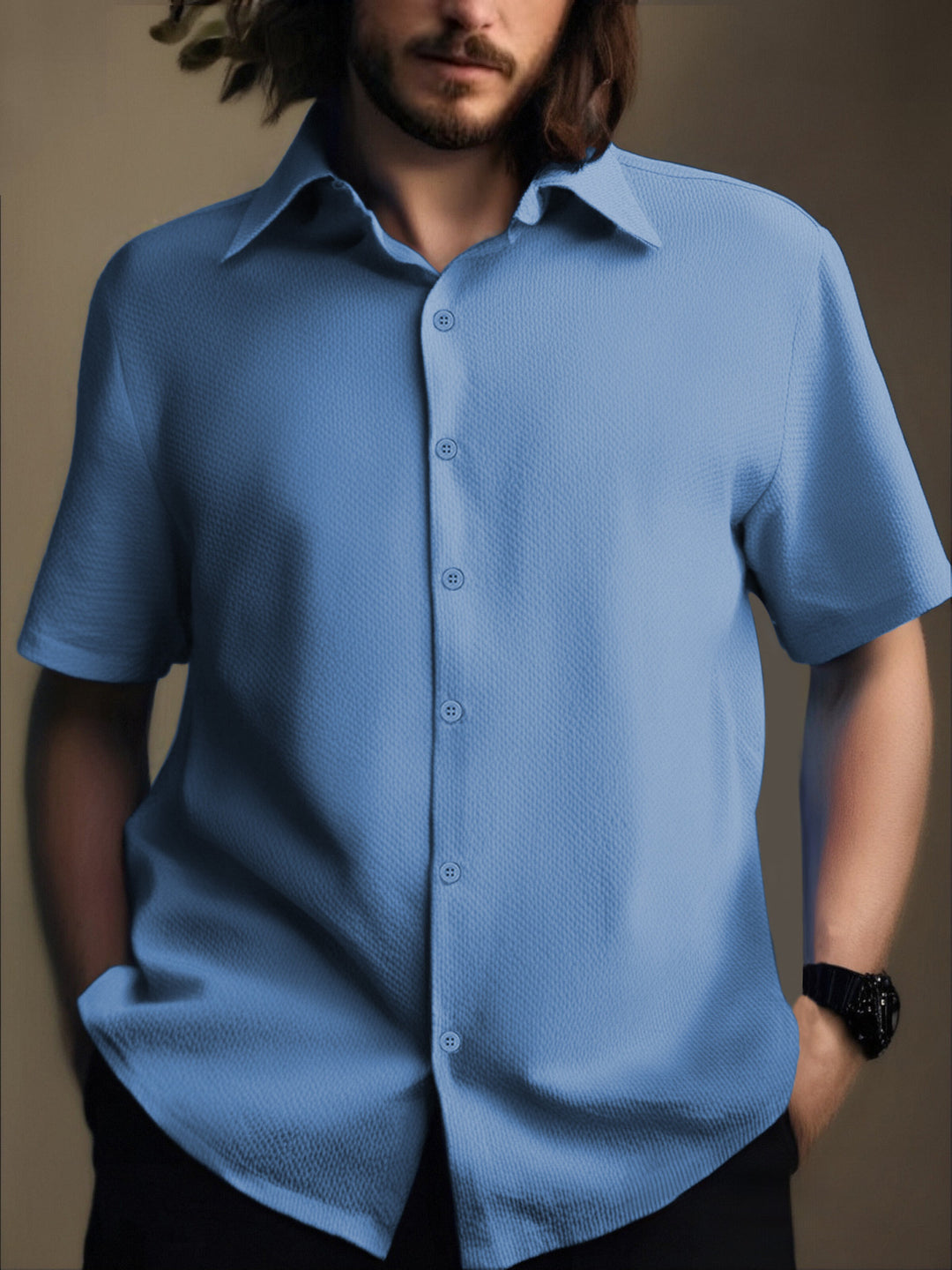 Men's Short Sleeve Shirt with Textured Fabric and Modern Details Lisslune
