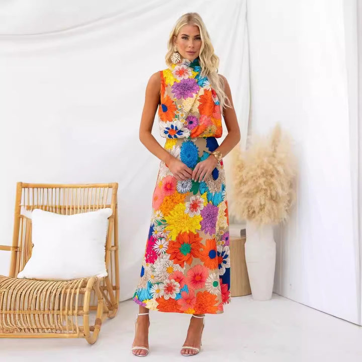 Ladies summer maxi dress with floral accents and elegant cut