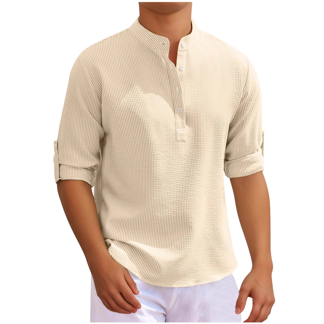 Men's casual long sleeve shirt with button placket and rollable sleeves Lisslune