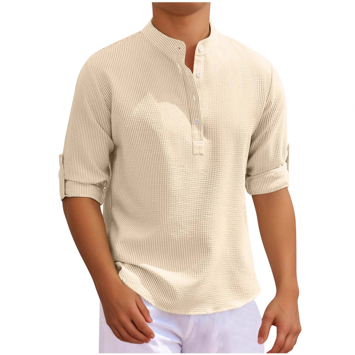 Men's casual long sleeve shirt with button placket and rollable sleeves Lisslune