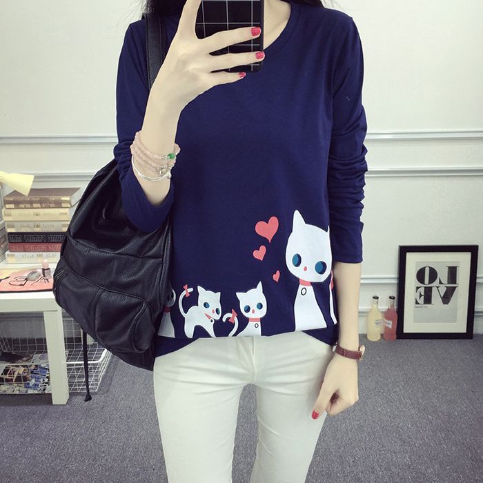 Women's Long Sleeve T-Shirt with Creative Cat Design Lisslune