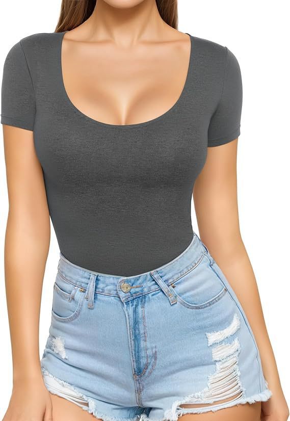 Damen figurbetontes Kurzarm-Body mit rundem Ausschnitt und nahtlosem Design Lisslune
