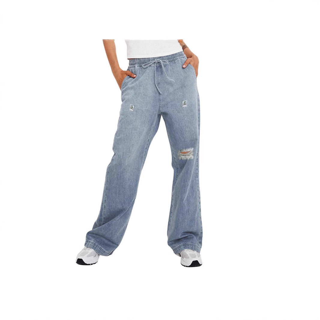 Women's casual wide denim pants with elastic waistband Lisslune