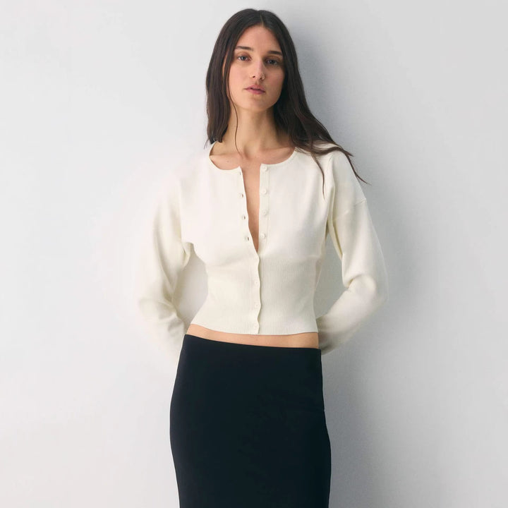Women's Cropped Cardigan with Button Placket and Ribbed Knit Lisslune