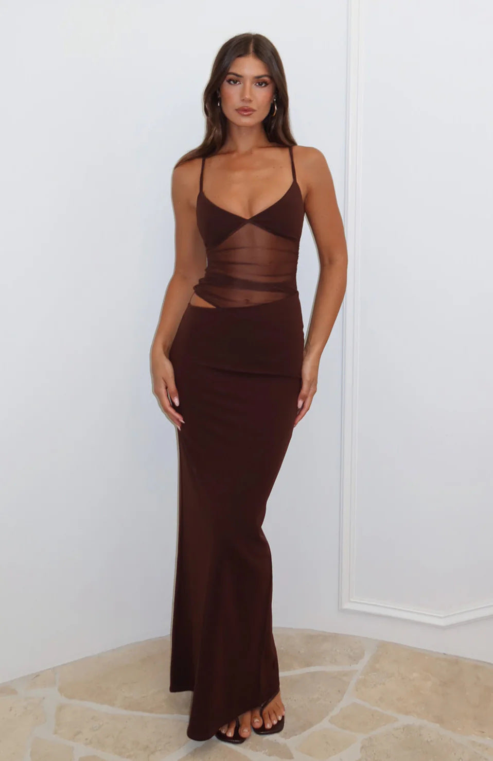 Women's Elegant Maxi Dress with Transparent Top and Figure-Hugging Cut