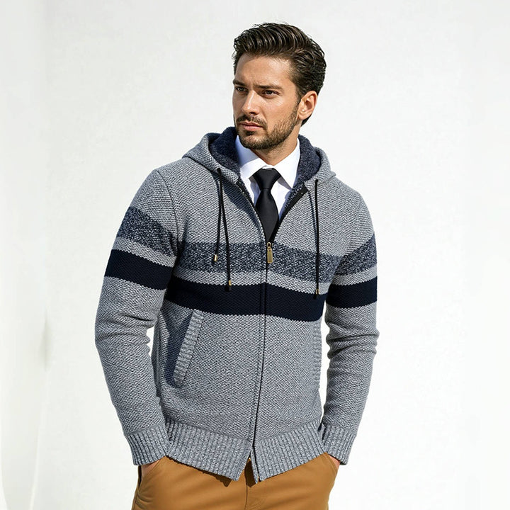 Men's fashionable knit hoodie with contrasting decorative stripes and practical pockets Lisslune