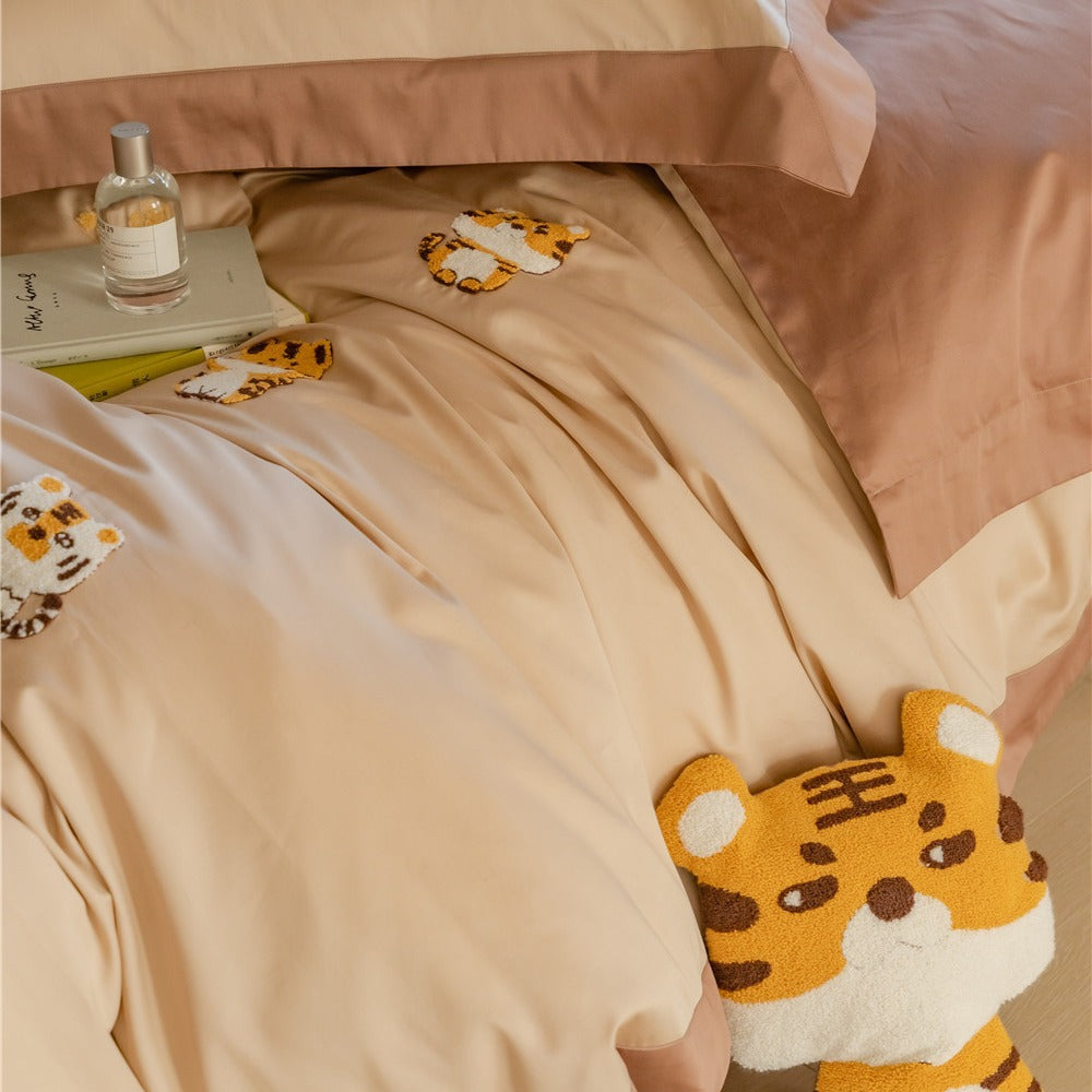 Rynx | Cute Cartoon Tiger Towel Embroidered Cotton Four-Piece Set 100 Long Staple Cotton Duvet Cover Bed Sheet Fitted Sheet Bedding Set
