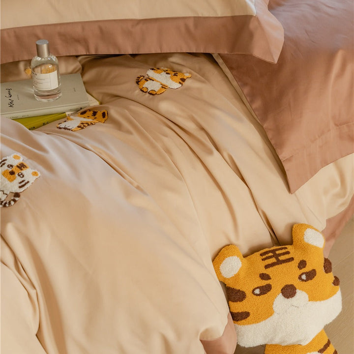 Rynx | Cute Cartoon Tiger Towel Embroidered Cotton Four-Piece Set 100 Long Staple Cotton Duvet Cover Bed Sheet Fitted Sheet Bedding Set