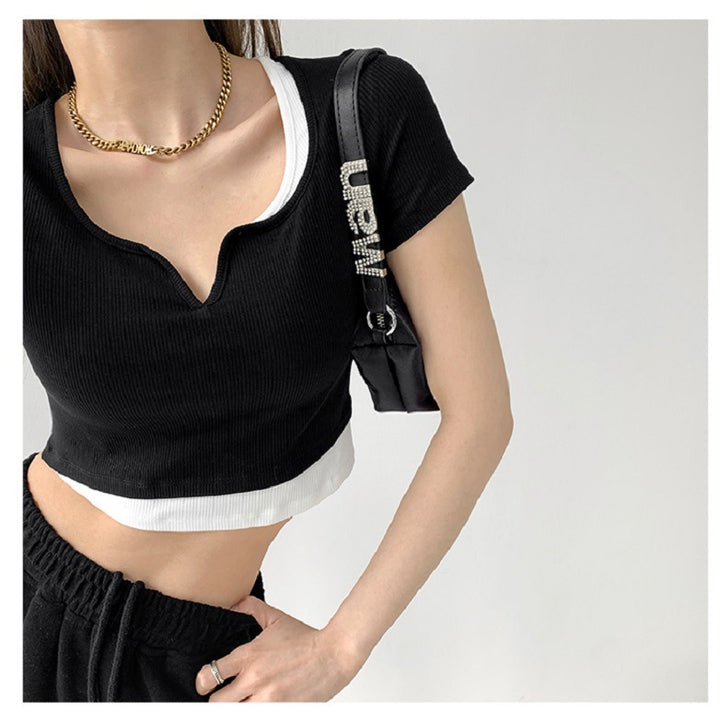 Women's casual cropped top with fashionable V-neck and texture