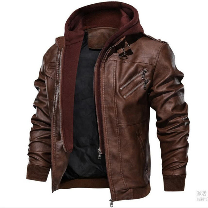 Men's leather jacket in modern biker style with removable hood Lisslune