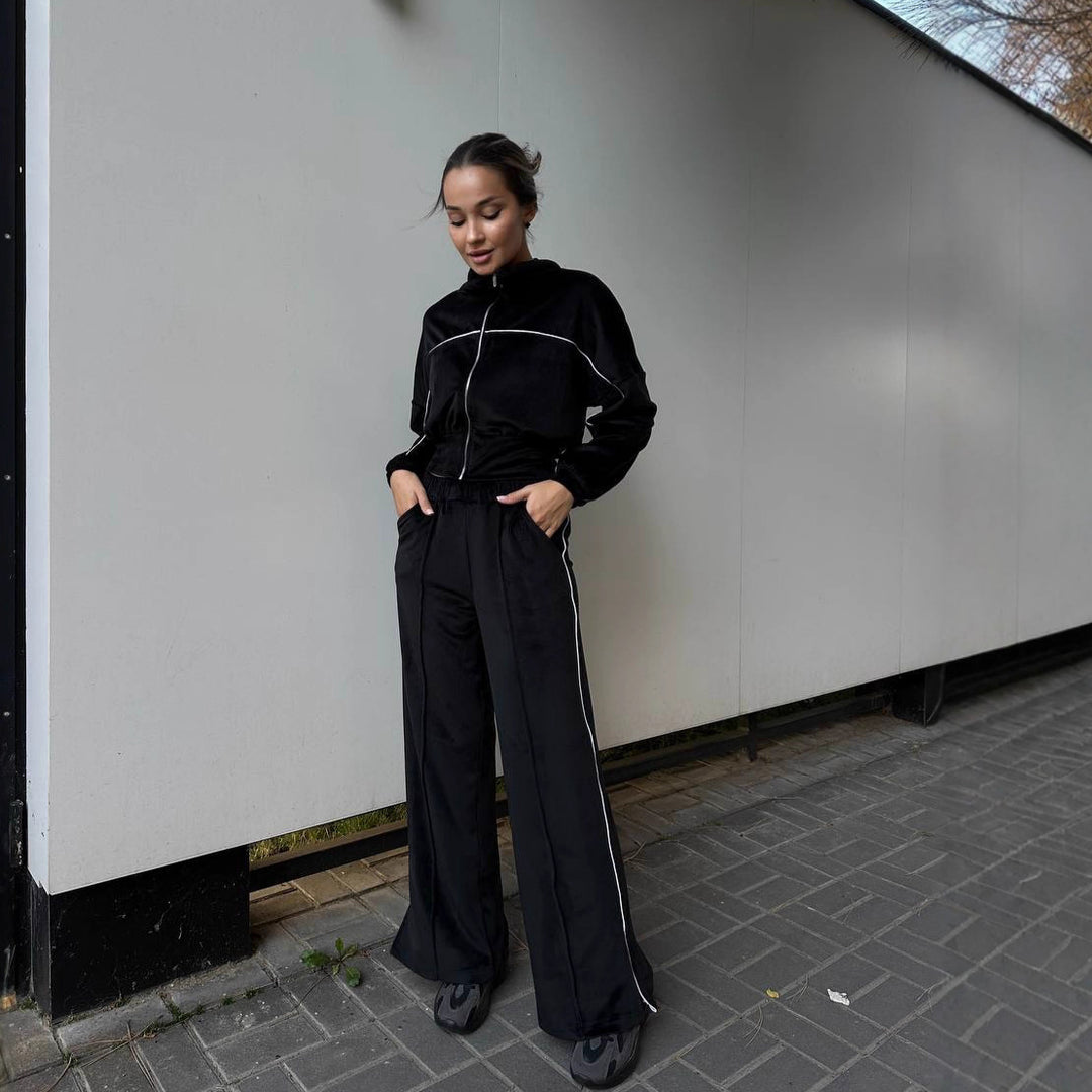 Women Sporty Fleece Loungewear Set with Short Jacket and Comfortable Pants Lisslune
