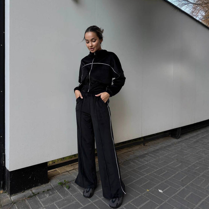 Women Sporty Fleece Loungewear Set with Short Jacket and Comfortable Pants Lisslune