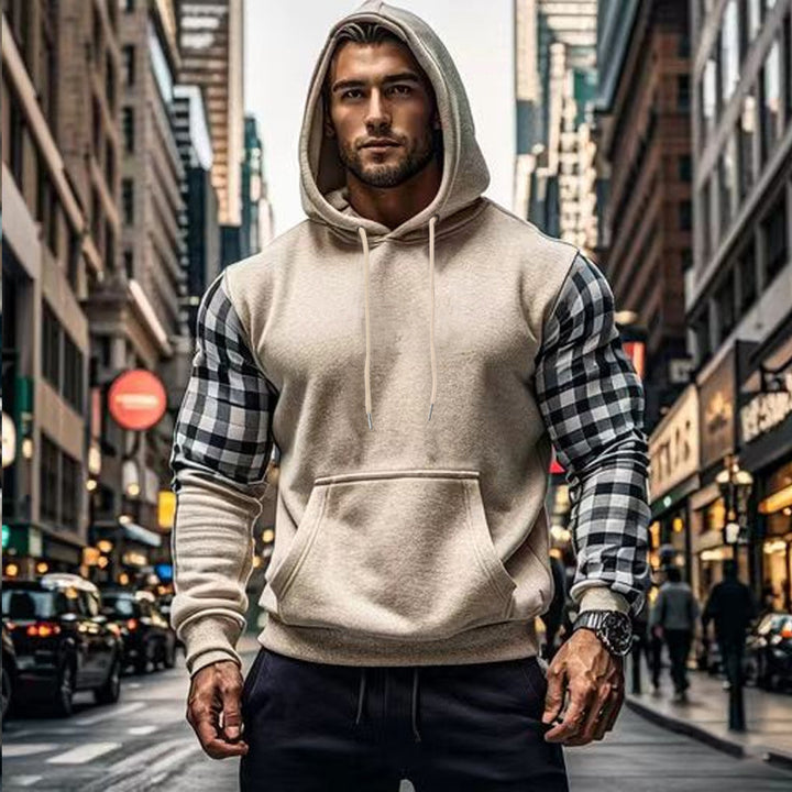 Men's hoodie with stylish checkered pattern on the sleeves and practical kangaroo pocket Lisslune