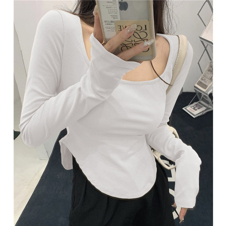 Women's long-sleeved top with elegant neckline and asymmetric design