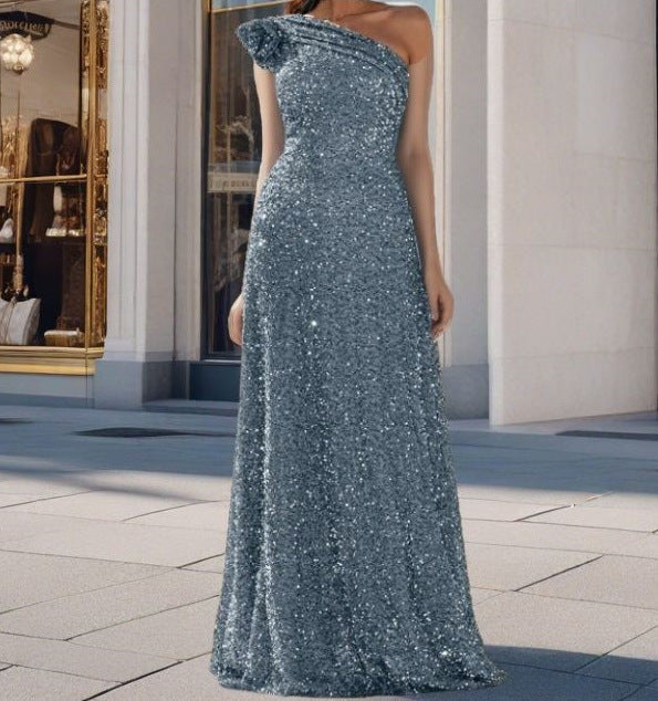 Ladies Glamorous Maxi Dress with Off-Shoulder Design and Sparkling Sequins Lisslune