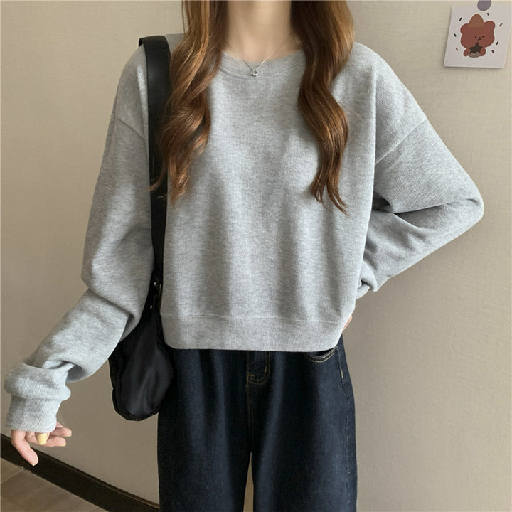 Women's casual cropped sweater made of soft cotton blend with stylish round neckline Lisslune