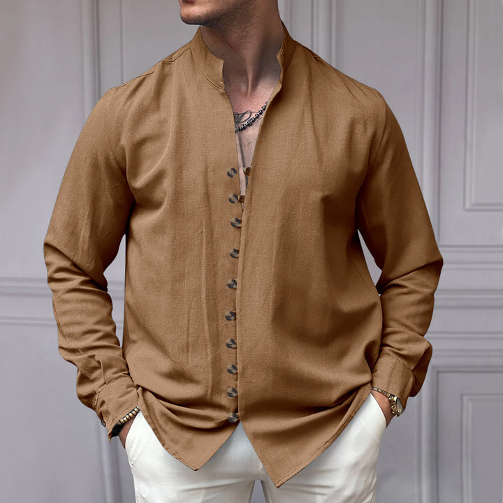 Men's long sleeve shirt with rising stand-up collar and decorative button placket Lisslune