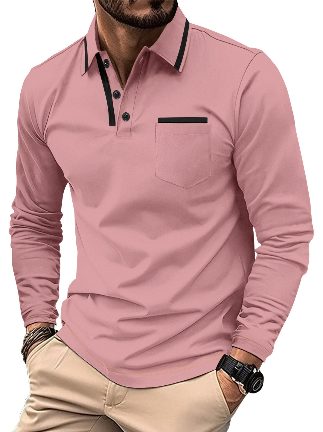 Men's Long Sleeve Polo Shirt with Elegant Contrast Details Lisslune