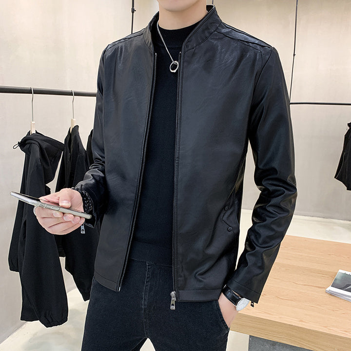 Men's elegant synthetic leather jacket with a slim fit and fashionable accents Lisslune
