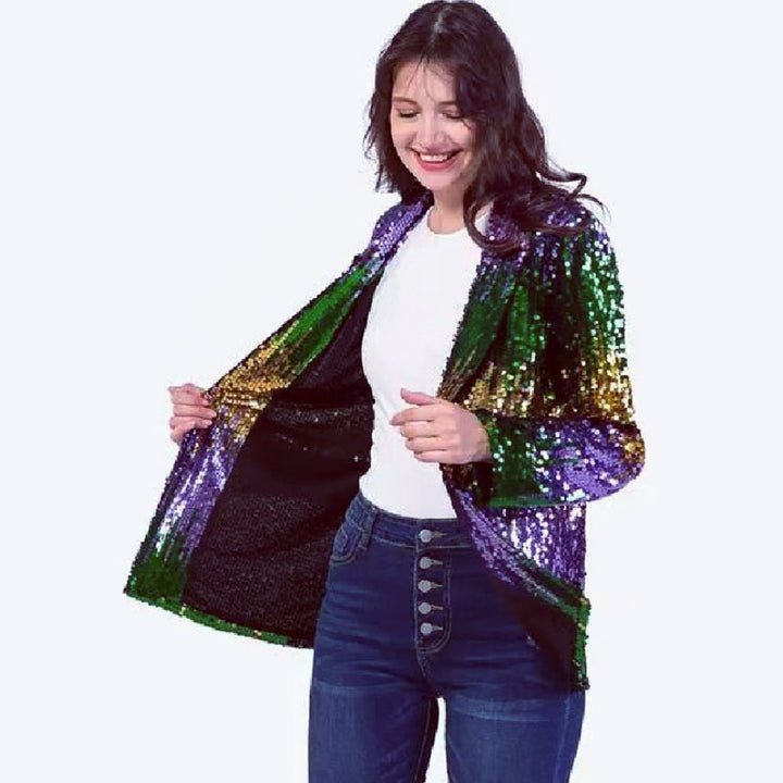 Women's Glittering Sequin Jacket with Open Cut and Long Sleeve Lisslune