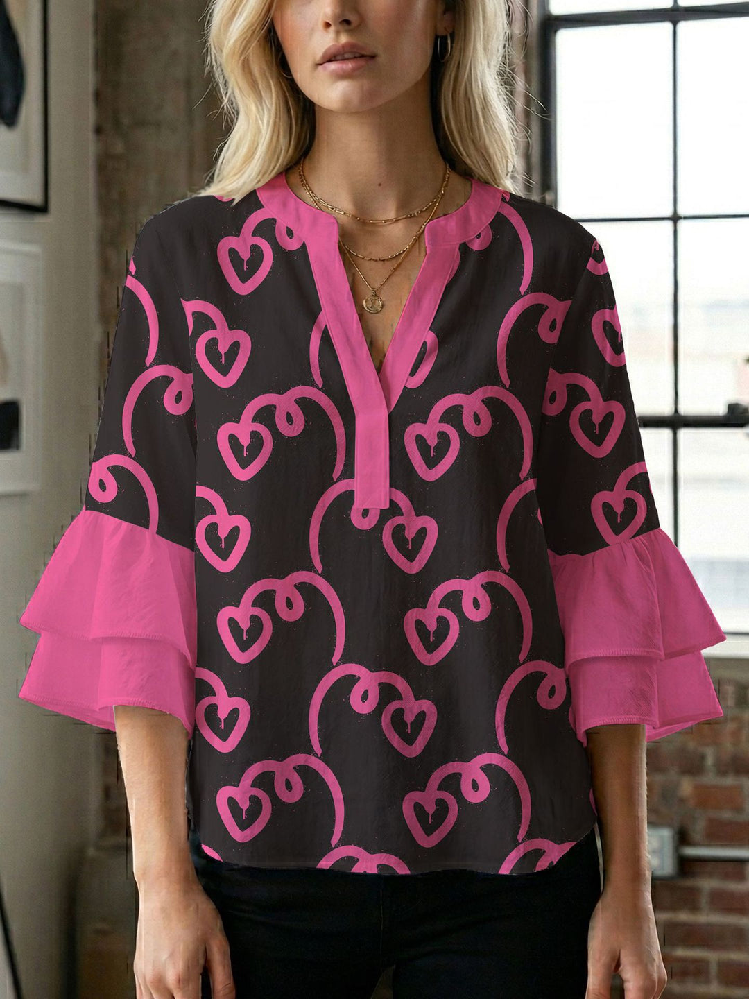 Women's blouse shirt with voluminous sleeves and creative print design Lisslune