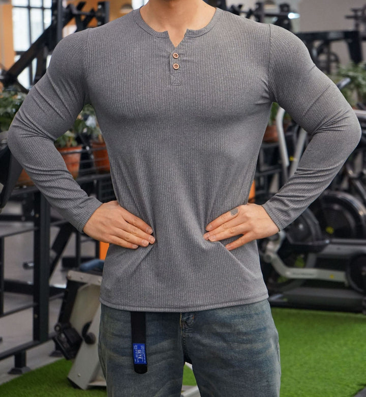 Men's Long Sleeve Henley Shirt with Textured Rib Design Lisslune
