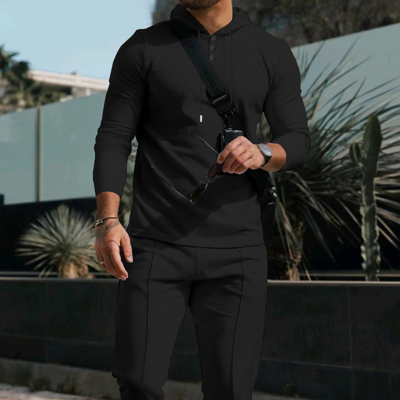 Men's Sporty Long Sleeve Hoodie with Button Placket and Textured Design Lisslune