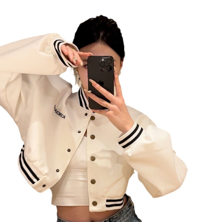 Women's casual cropped bomber jacket with contrasting stripes and snap buttons Lisslune