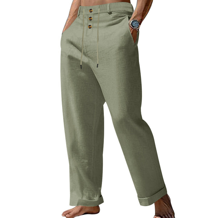 Men's elegant linen pants with adjustable drawstring and button details Lisslune