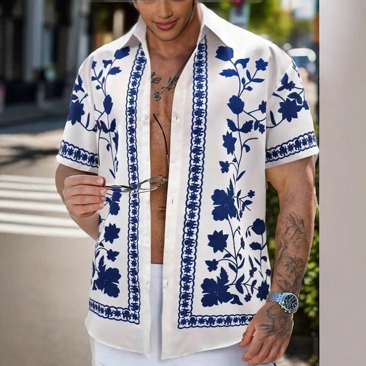Men's casual shirt with floral embroidery design and short-sleeve fit Lisslune