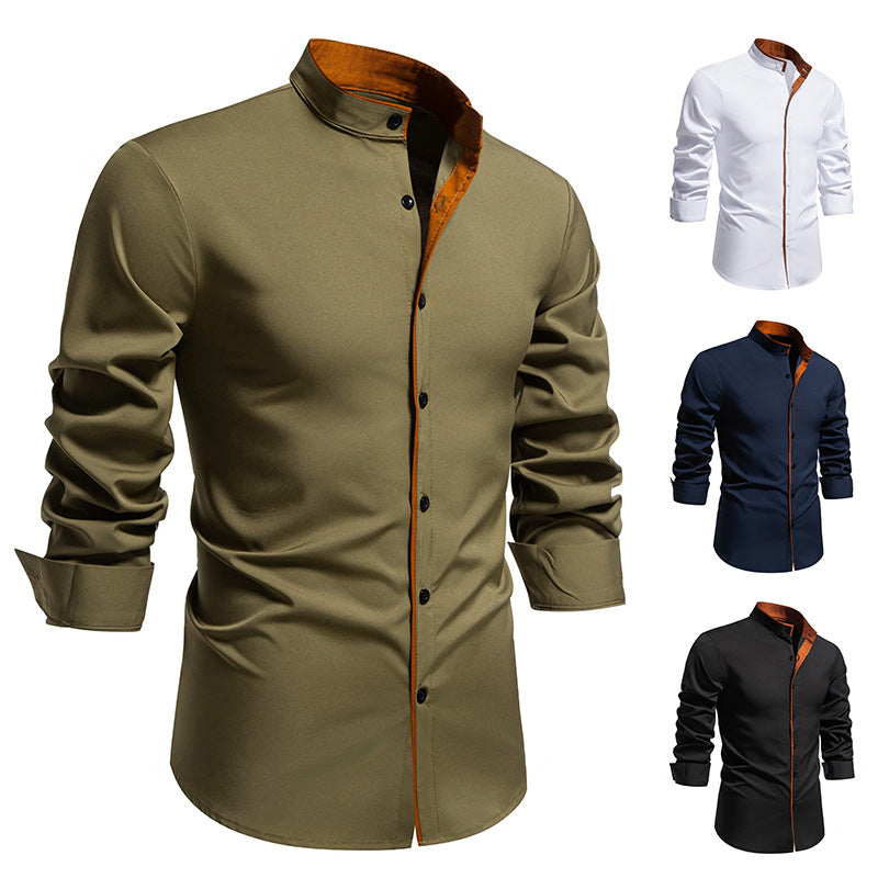 Men's long sleeve shirt with modern stand-up collar and embroidered detail Lisslune