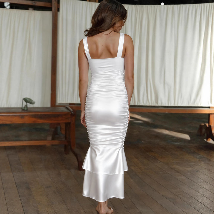 Damen Figurbetontes Satin-Maxi-Kleid mit Rüschendetails Lisslune