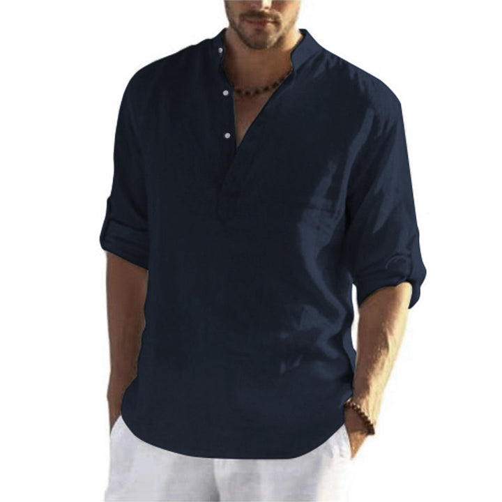 Men's casual linen shirt with stand-up collar and button placket Lisslune