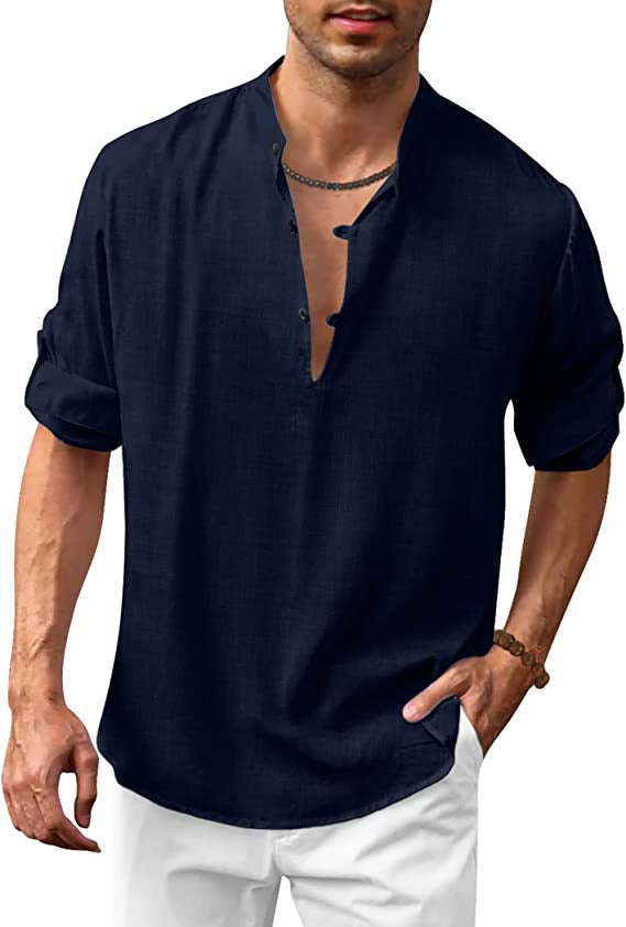 Men's long sleeve linen shirt with modern stand-up collar and casual fit Lisslune