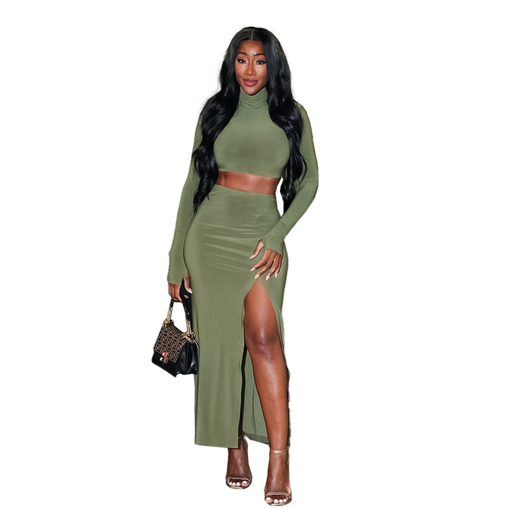 Women's elegant long sleeve dress with high slit and figure-hugging design
