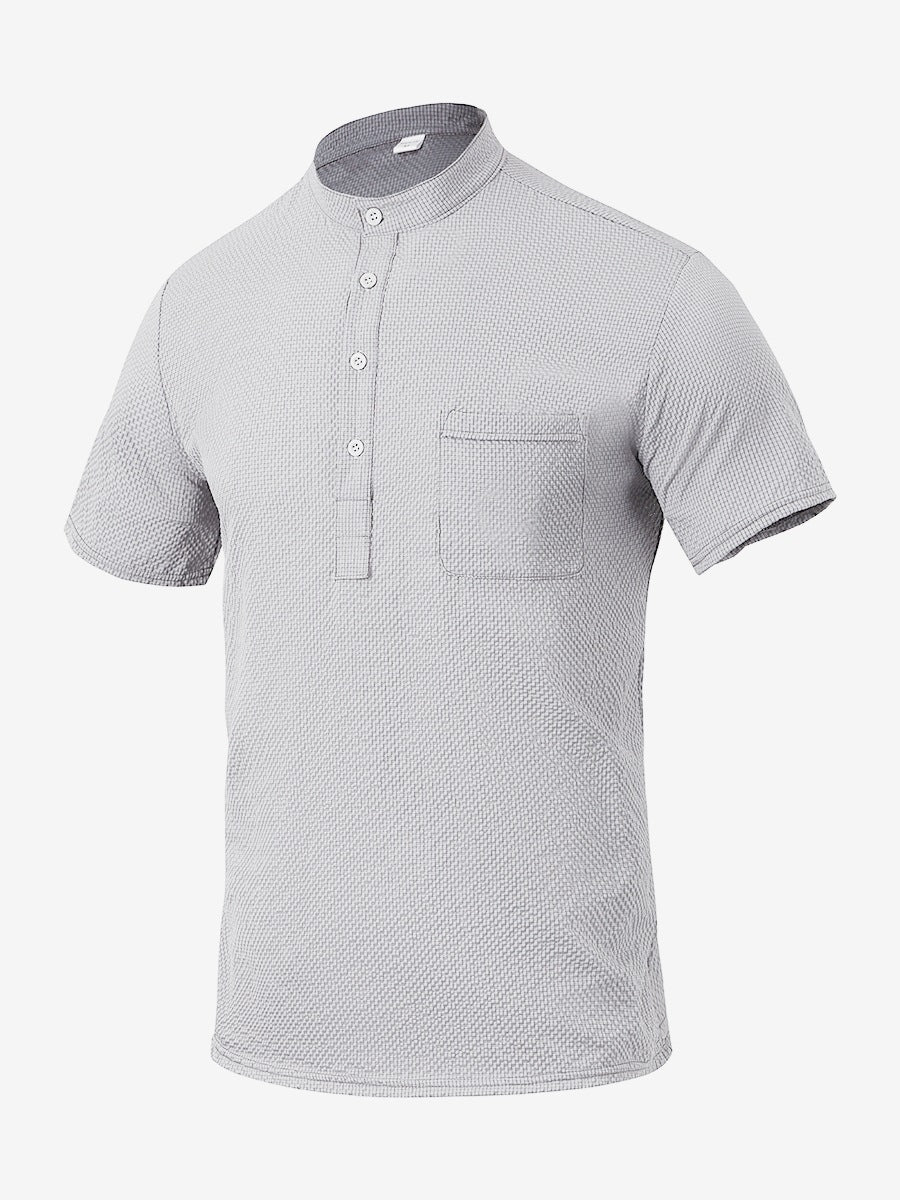 Men's Short Sleeve Shirt with Modern Stand Collar and Subtle Texture Lisslune