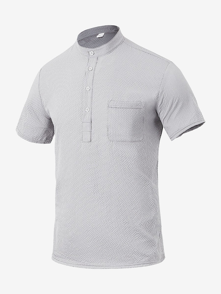 Men's Short Sleeve Shirt with Modern Stand Collar and Subtle Texture Lisslune