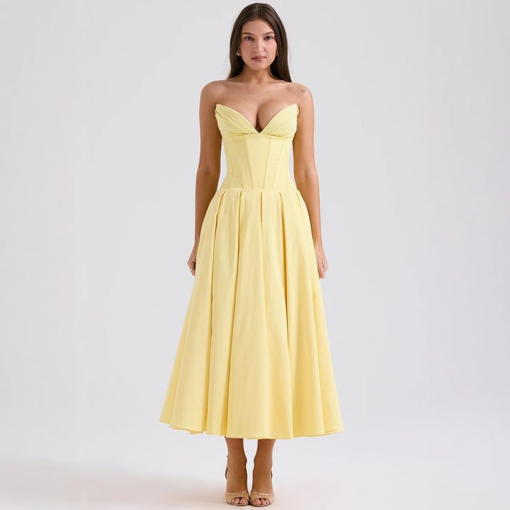 Women's A-line evening dress with corset top and flared skirt