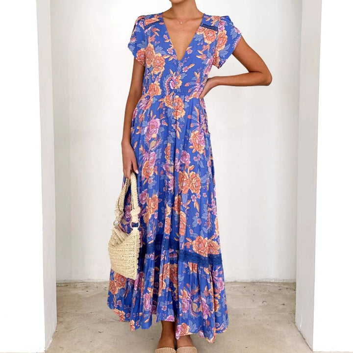 Women's maxi dress with elegant V-neckline and feminine ruffle details