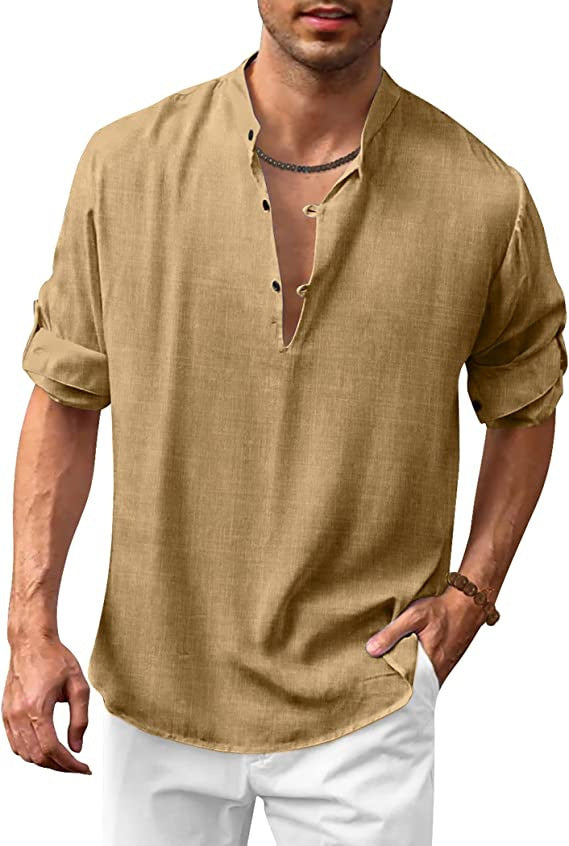 Men's long sleeve linen shirt with modern stand-up collar and casual fit Lisslune