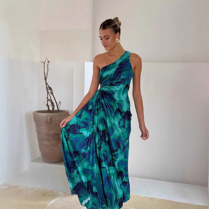 Women’s maxi dress with asymmetric cut and flowing pleated skirt Lune London