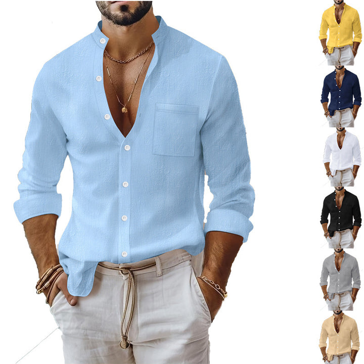 Men's summer long-sleeve shirt with a modern stand-up collar and practical breast pocket Lisslune