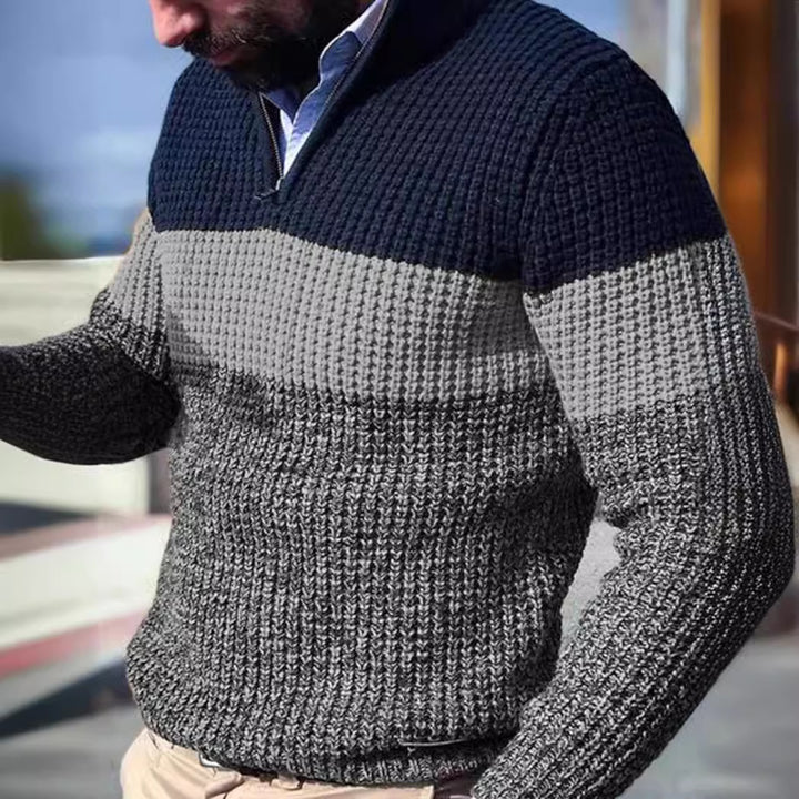 Men's Patterned Knit Sweater with Zipper and Color Block Design Lisslune