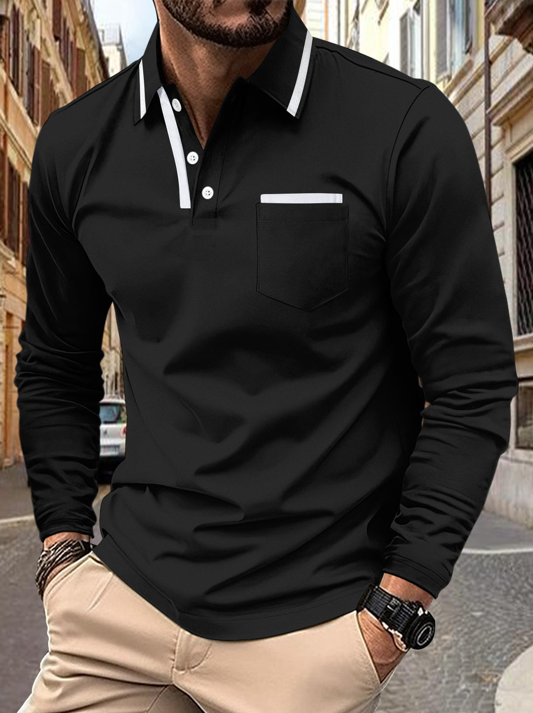 Men's Long Sleeve Polo Shirt with Elegant Contrast Details Lisslune